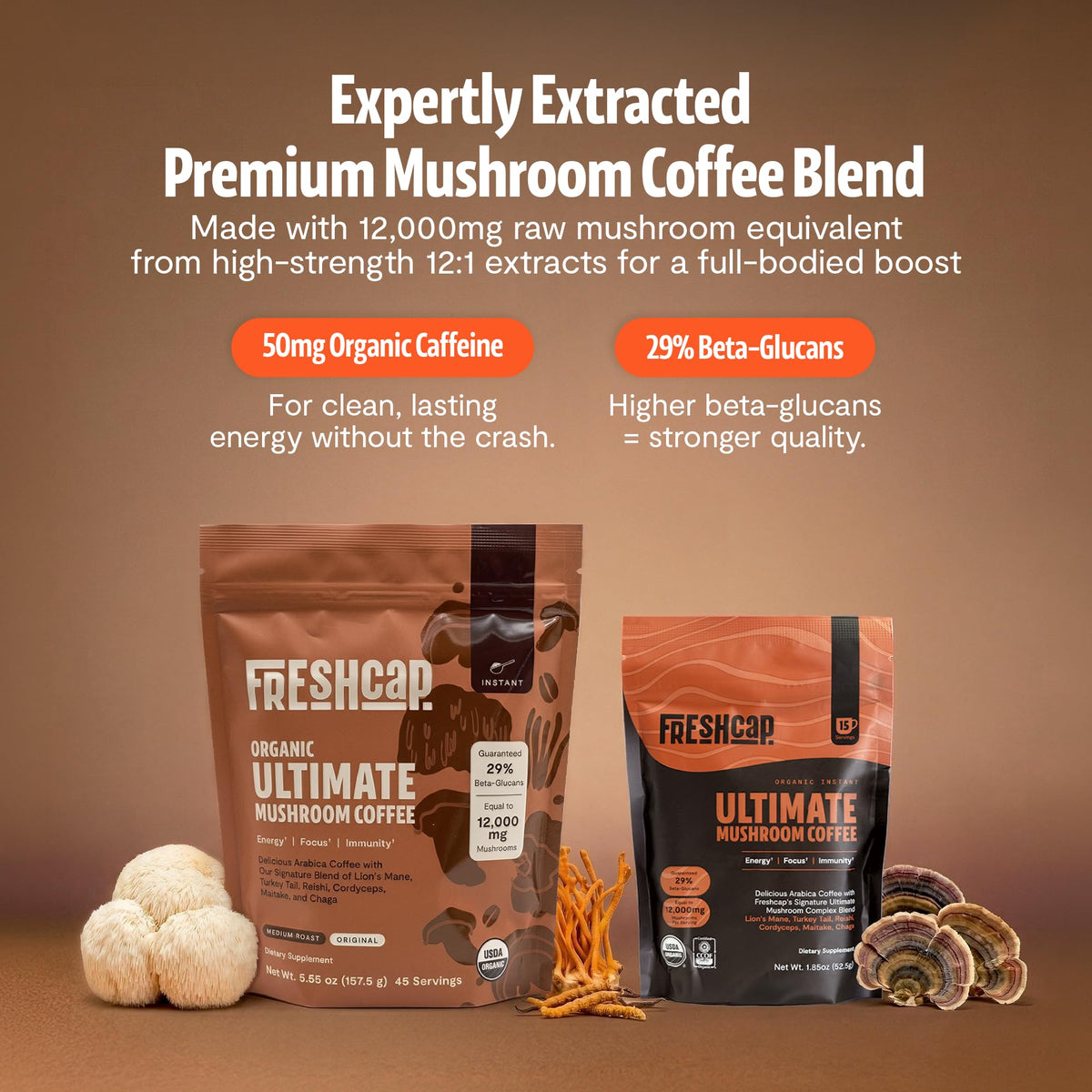 Détail de l'étiquette du café de champignons FreshCap