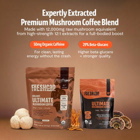 Détail de l'étiquette du café de champignons FreshCap