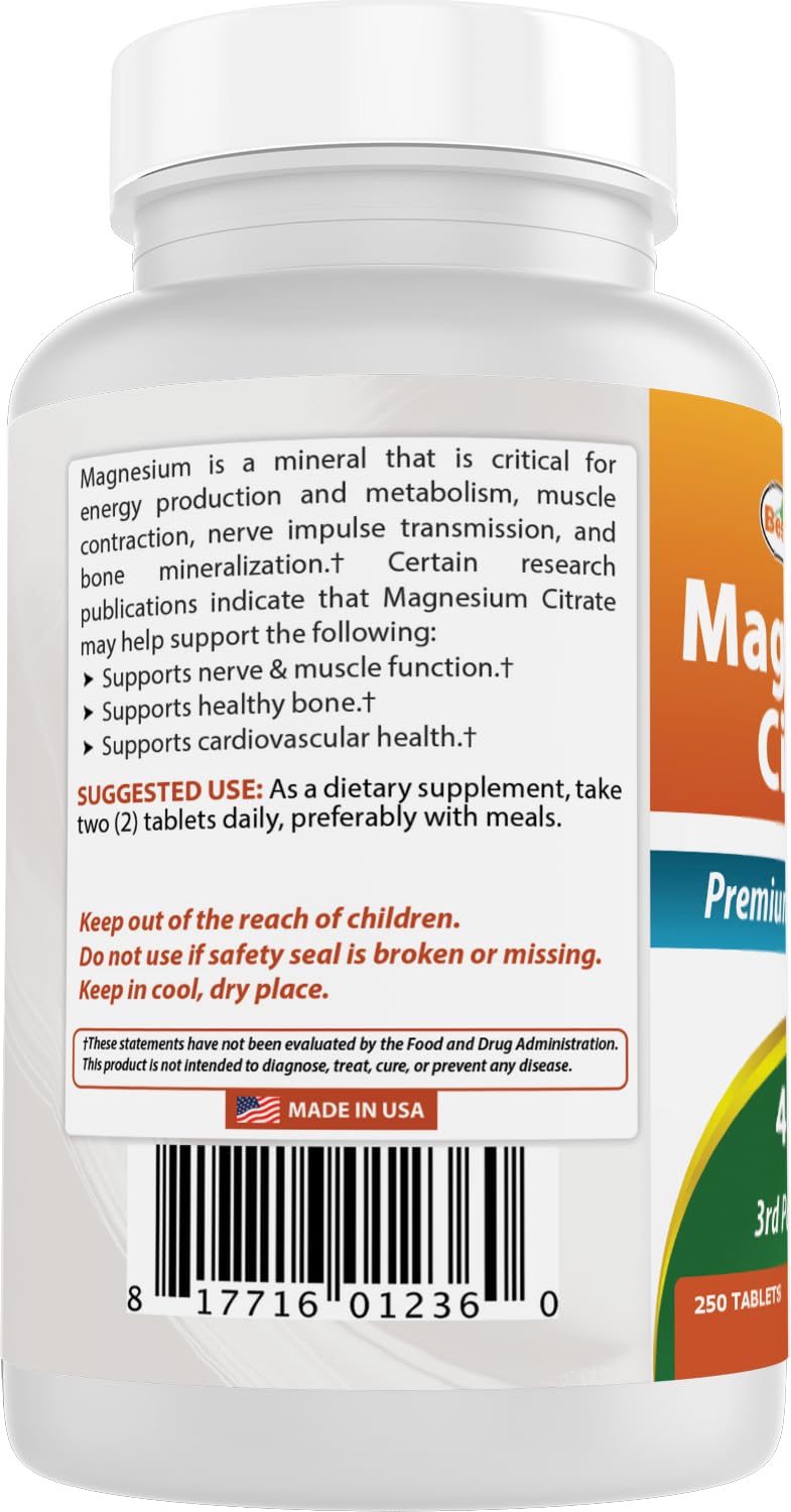 Détail de l'étiquette du citrate de magnésium Best Naturals 400mg