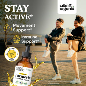 Détail de l'étiquette du complément liquide de curcuma Wild & Organic