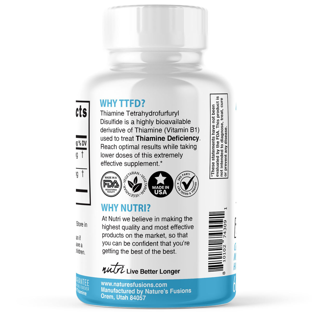 Détail de l'étiquette du complément Thiamine B1 Nature's Fusions
