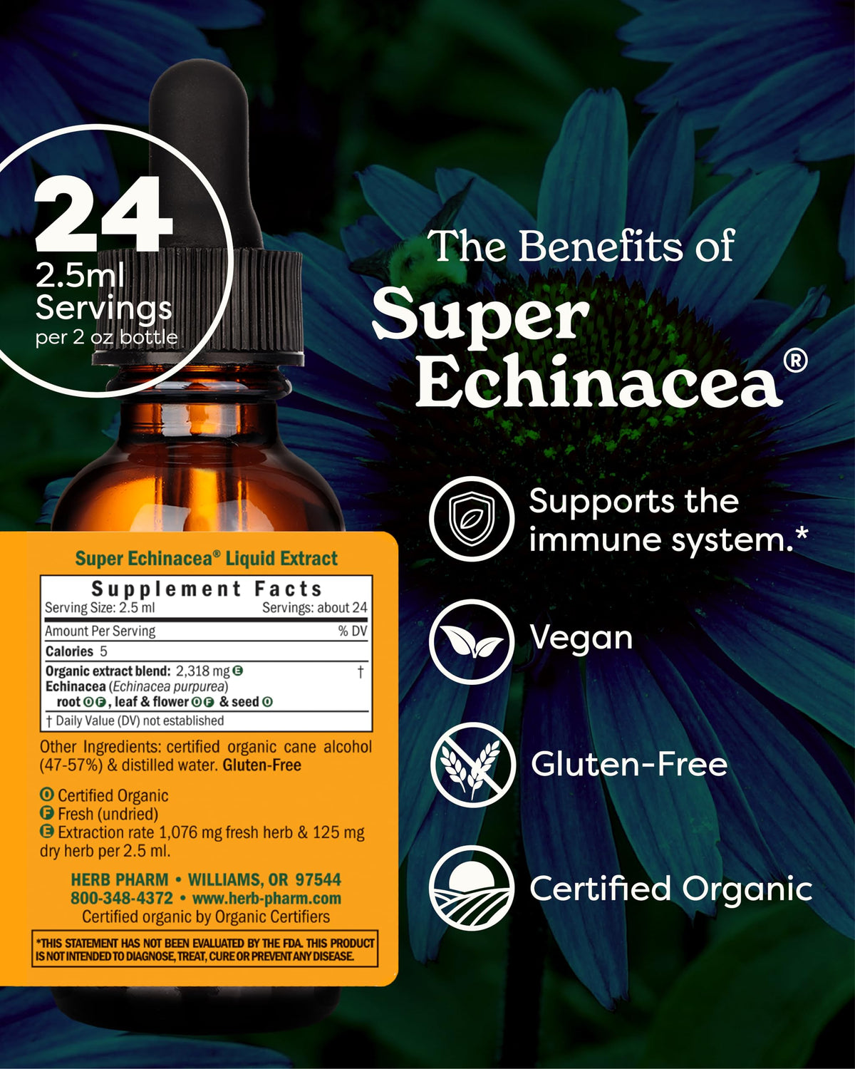Détail de l'étiquette du flacon d'extrait liquide Super Echinacea Herb Pharm