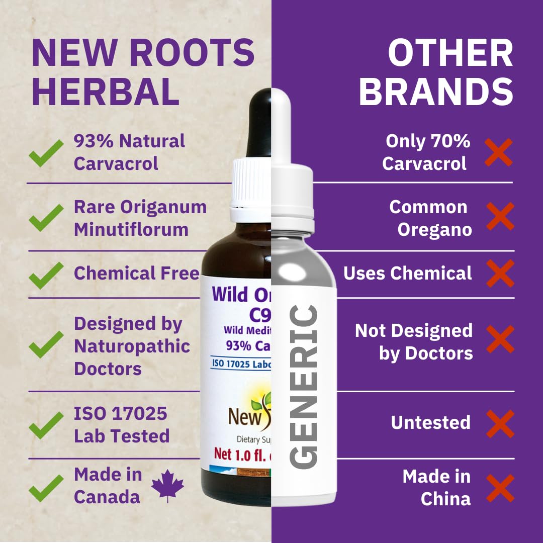 Détail de l'étiquette du flacon d'huile d'origan sauvage C93 de NEW ROOTS HERBAL