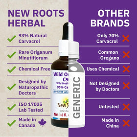Détail de l'étiquette du flacon d'huile d'origan sauvage C93 de NEW ROOTS HERBAL