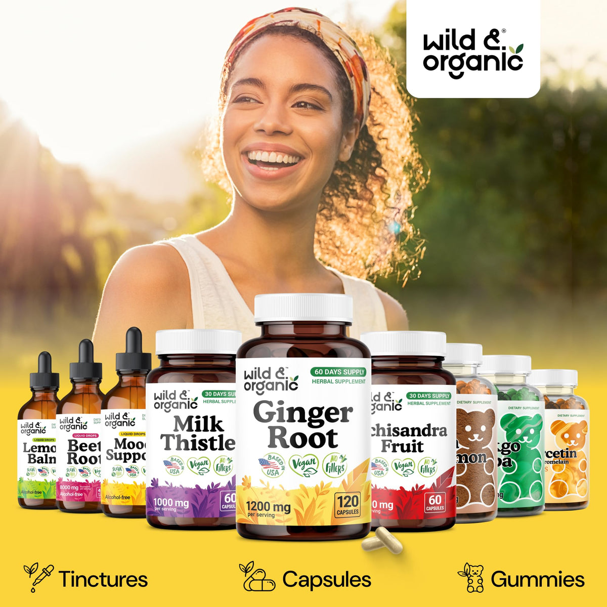 Détail de l'étiquette du flacon de gingembre Wild & Organic