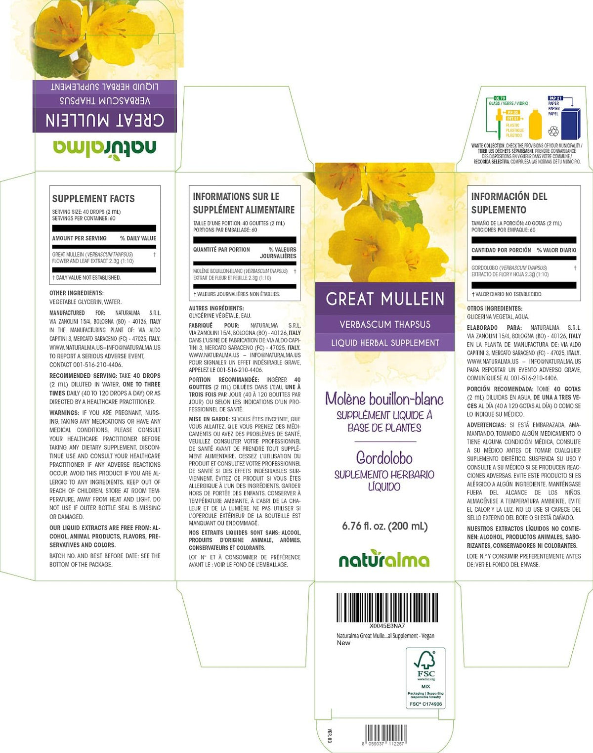 Détail de l'étiquette du flacon de tincture de grande molène Naturalma