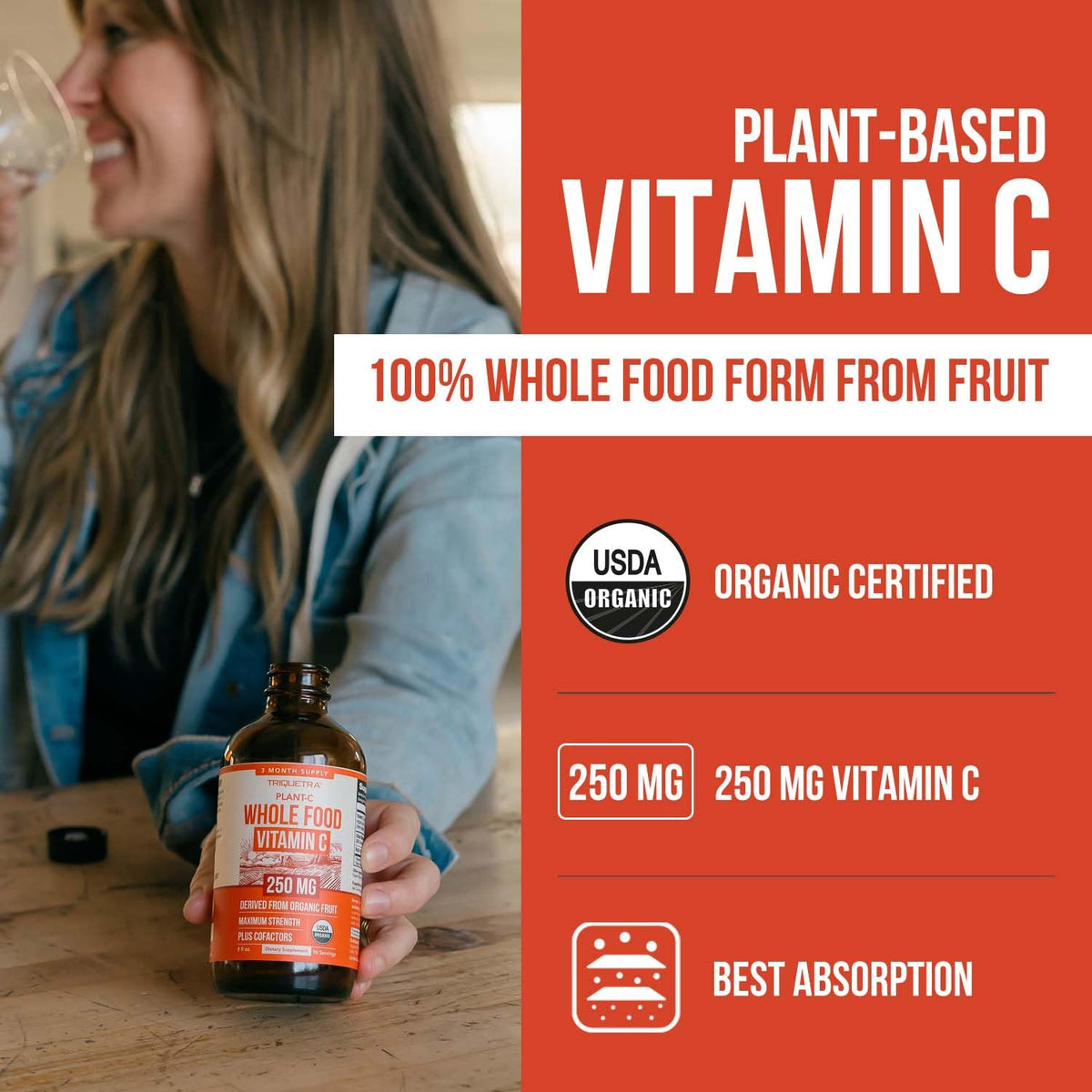 Détail de l'étiquette du flacon de Vitamine C Bio Triquetra Health