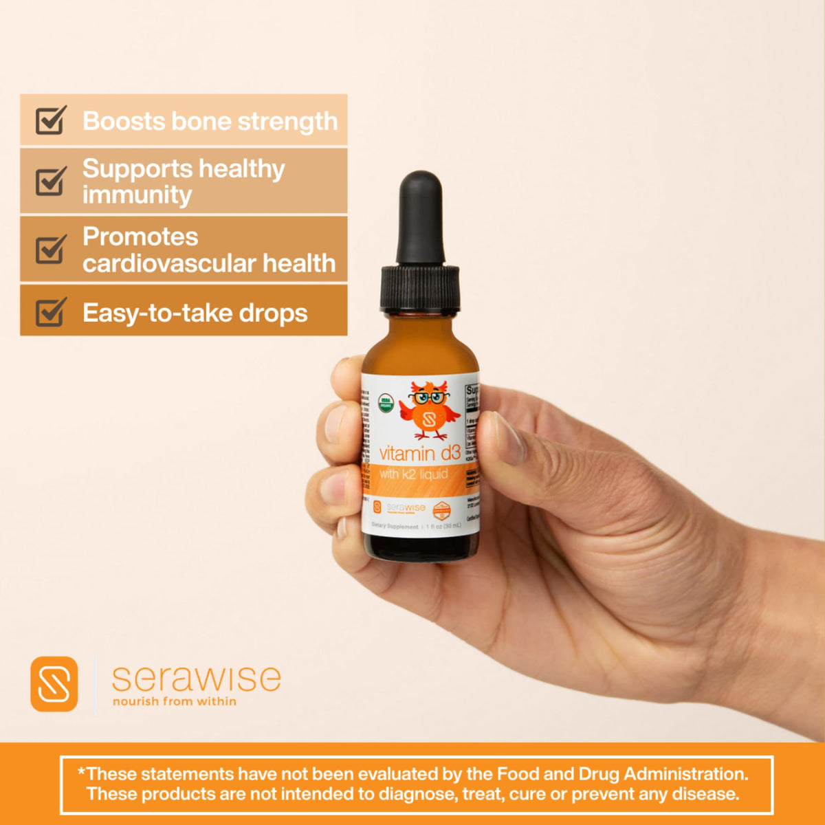 Détail de l'étiquette du flacon de Vitamine D3 K2 Serawise