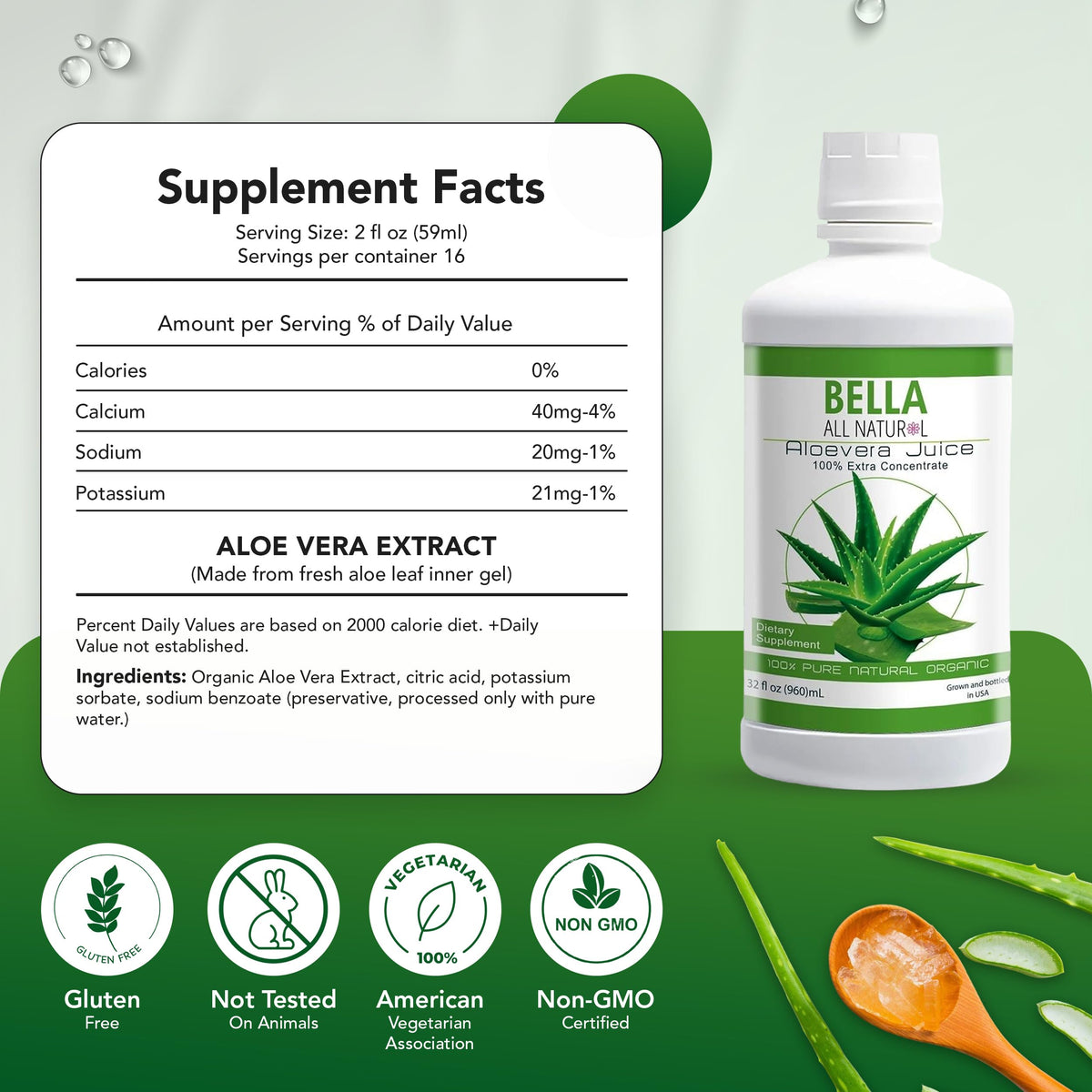 Détail de l'étiquette du jus d'aloe vera Bella All Natural