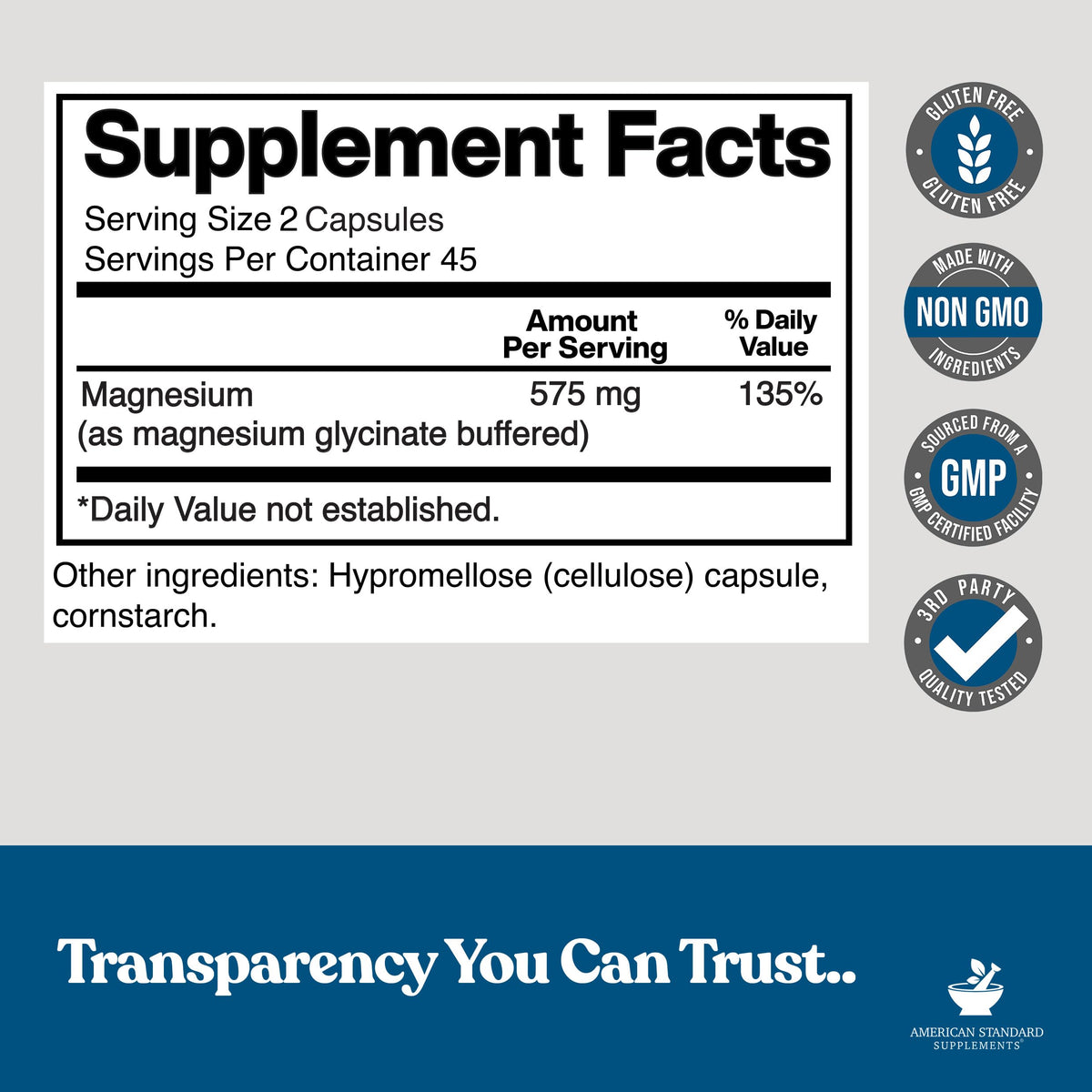 Détail de l'étiquette du magnésium glycinate American Standard Supplements