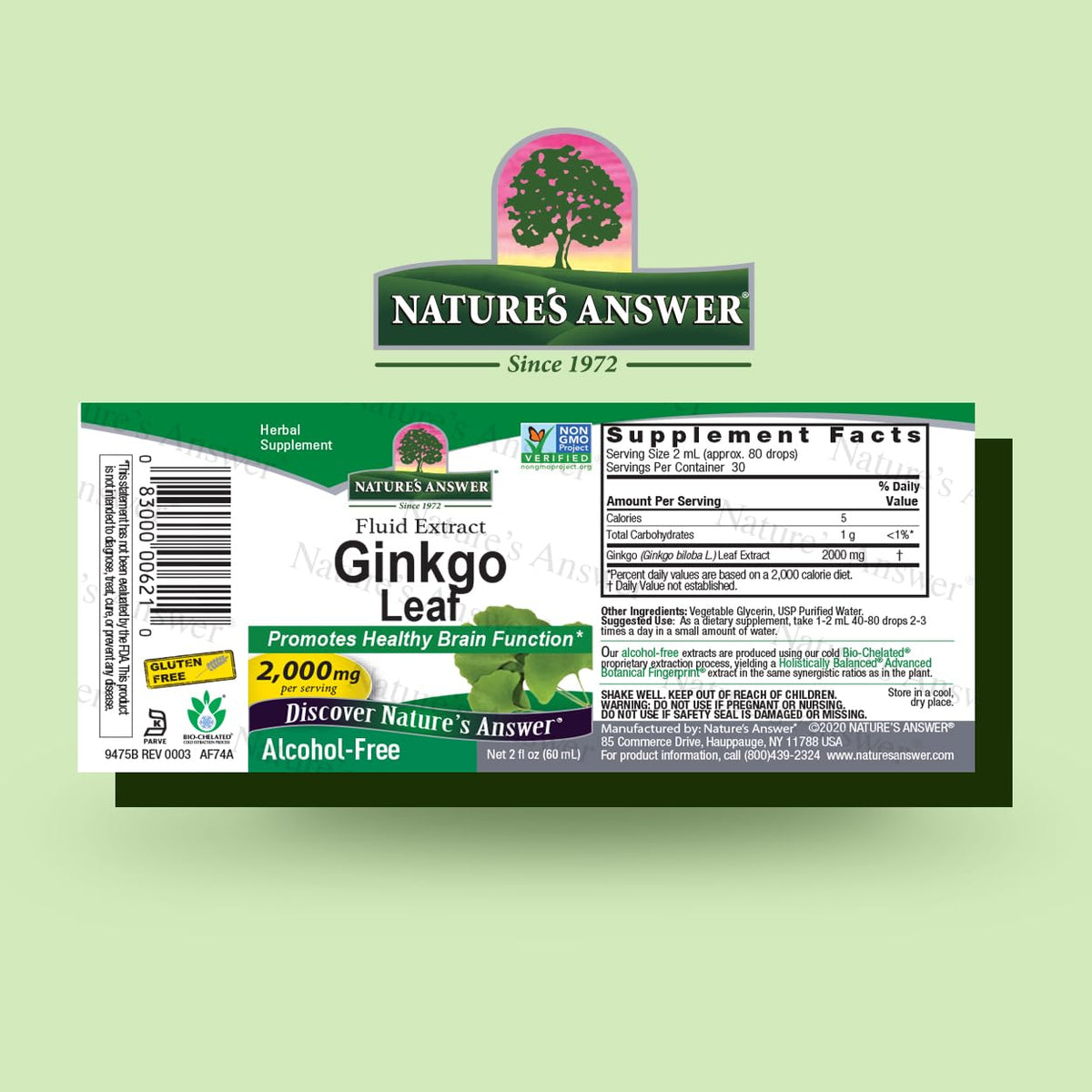 Détail de l'étiquette du produit Nature's Answer Ginkgo Biloba