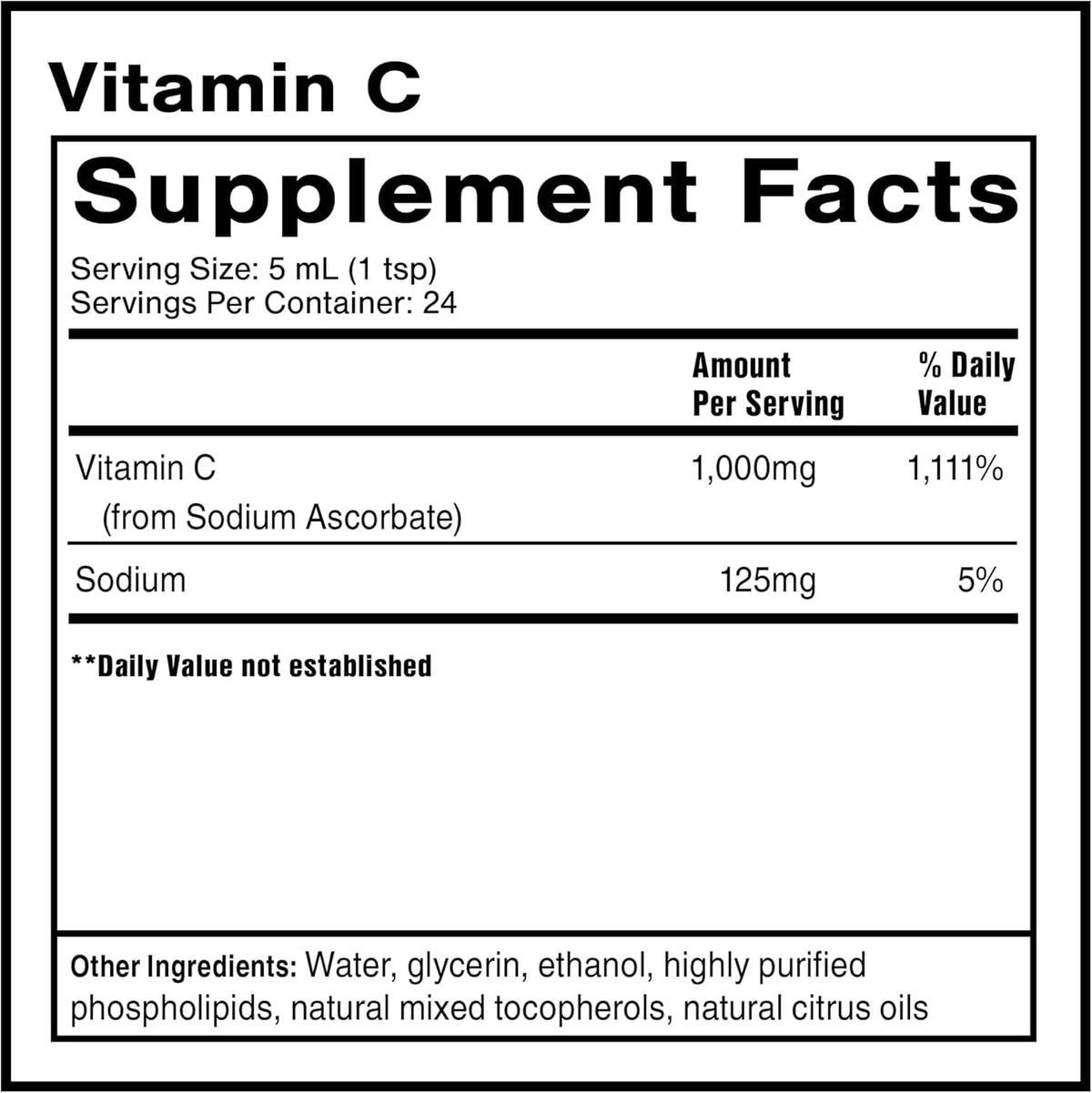 Détail de l'étiquette sur le flacon de vitamine C Quicksilver Scientific