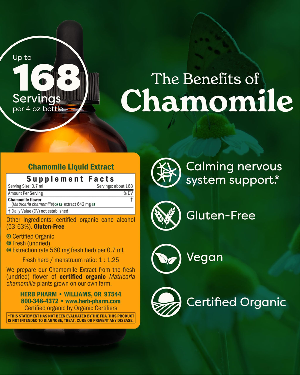 Détail de l'extrait liquide de camomille Herb Pharm avec goutte dans un verre