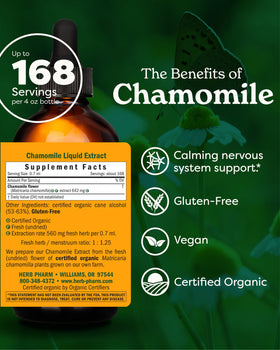 Détail de l'extrait liquide de camomille Herb Pharm avec goutte dans un verre