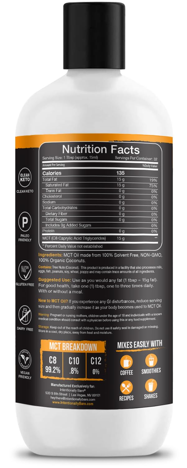 Détail de l'huile MCT C8 Bio Intentionally Bare avec étiquette