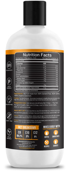 Détail de l'huile MCT C8 Bio Intentionally Bare avec étiquette