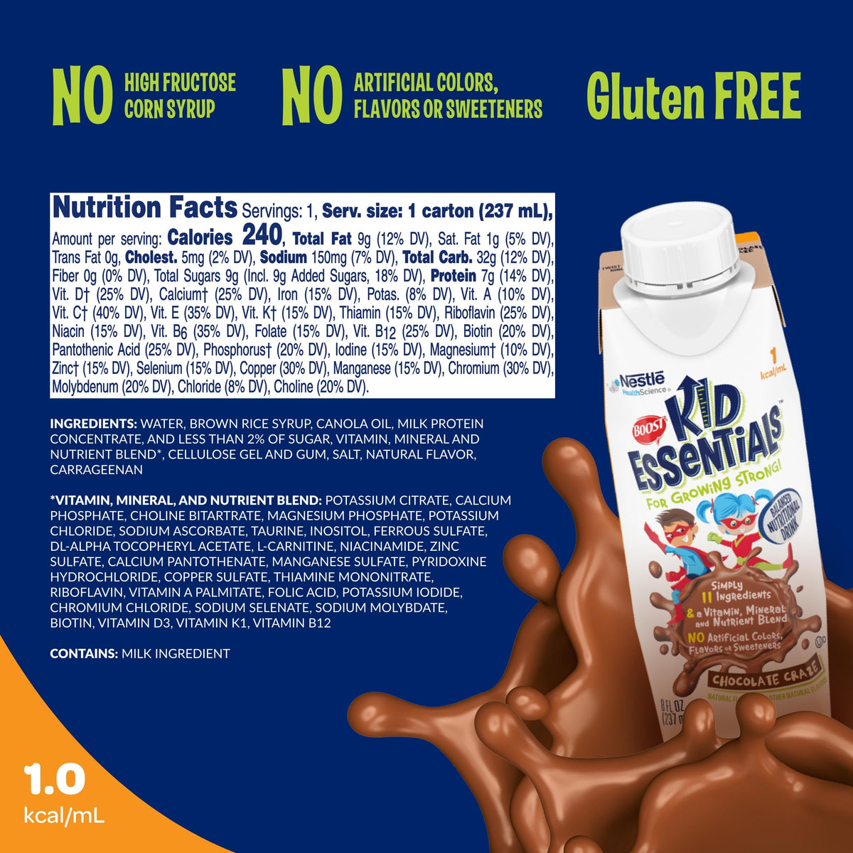 Détail de la boisson support Kid Essentials au chocolat dans un verre