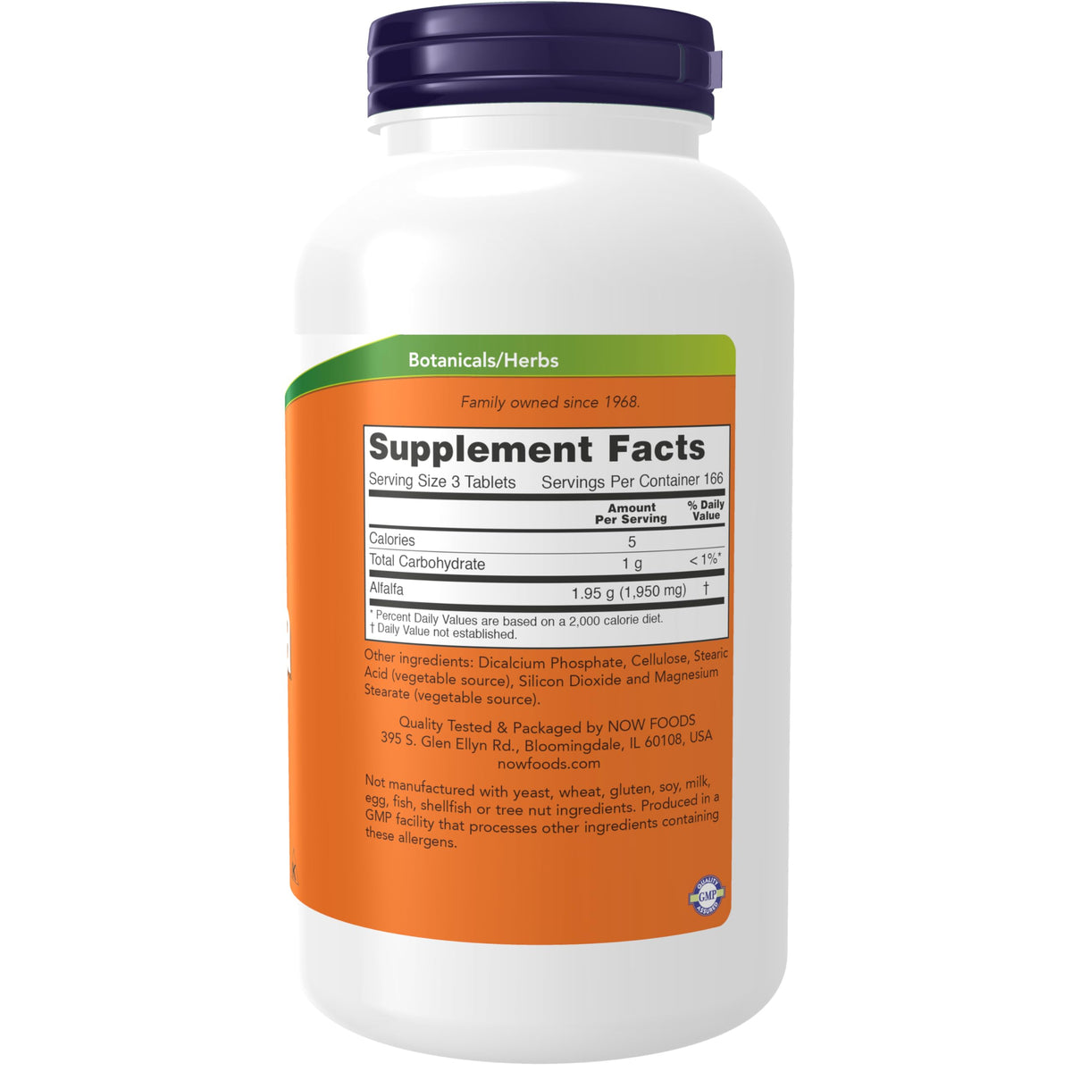 Détail de la boîte de NOW Foods Alfalfa 650 mg avec comprimés visibles