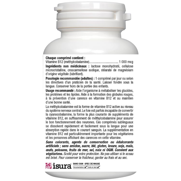Détail de la boîte des pastilles B12 Methylcobalamin de Bioclinic Naturals