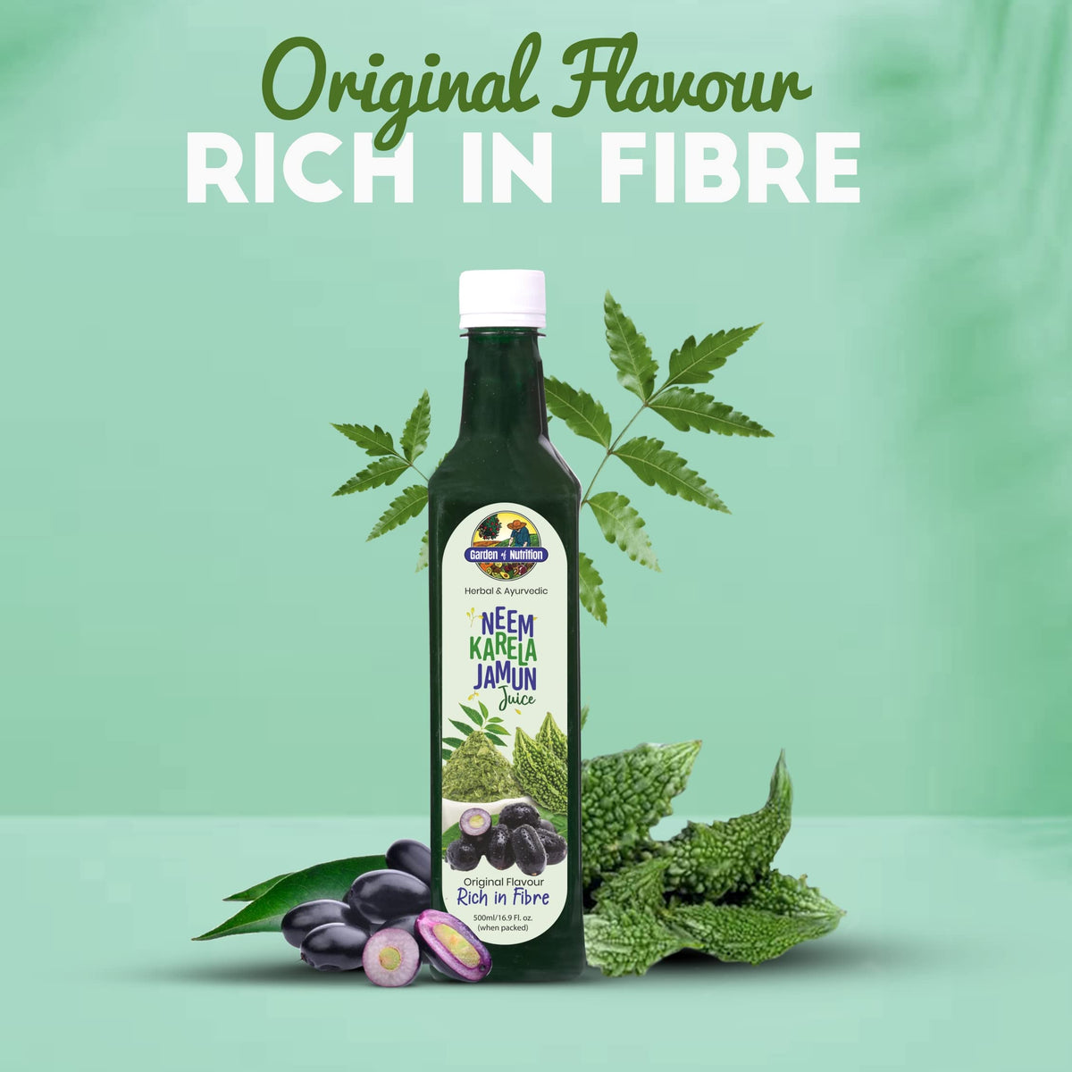 Détail de la bouteille de Jus de Neem Karela Jamun 500ml avec gobelet