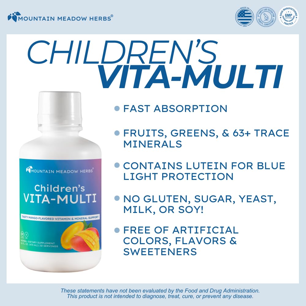 Détail de la bouteille de multivitamines liquides pour enfants Mountain Meadow Herbs