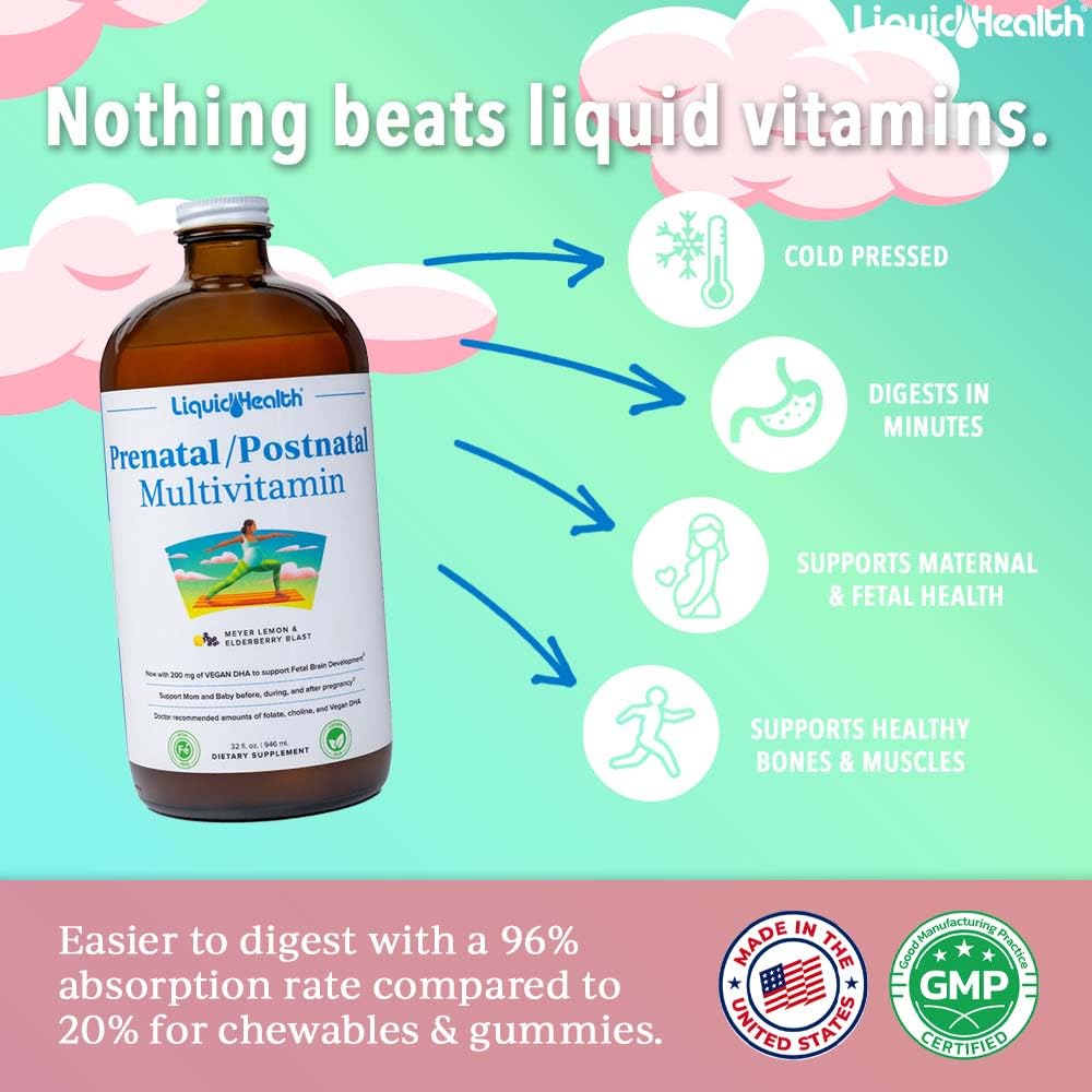 Détail de la bouteille de multivitamines LIQUIDHEALTH, vue de côté