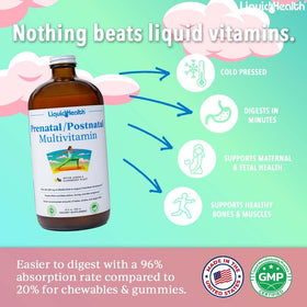 Détail de la bouteille de multivitamines LIQUIDHEALTH, vue de côté
