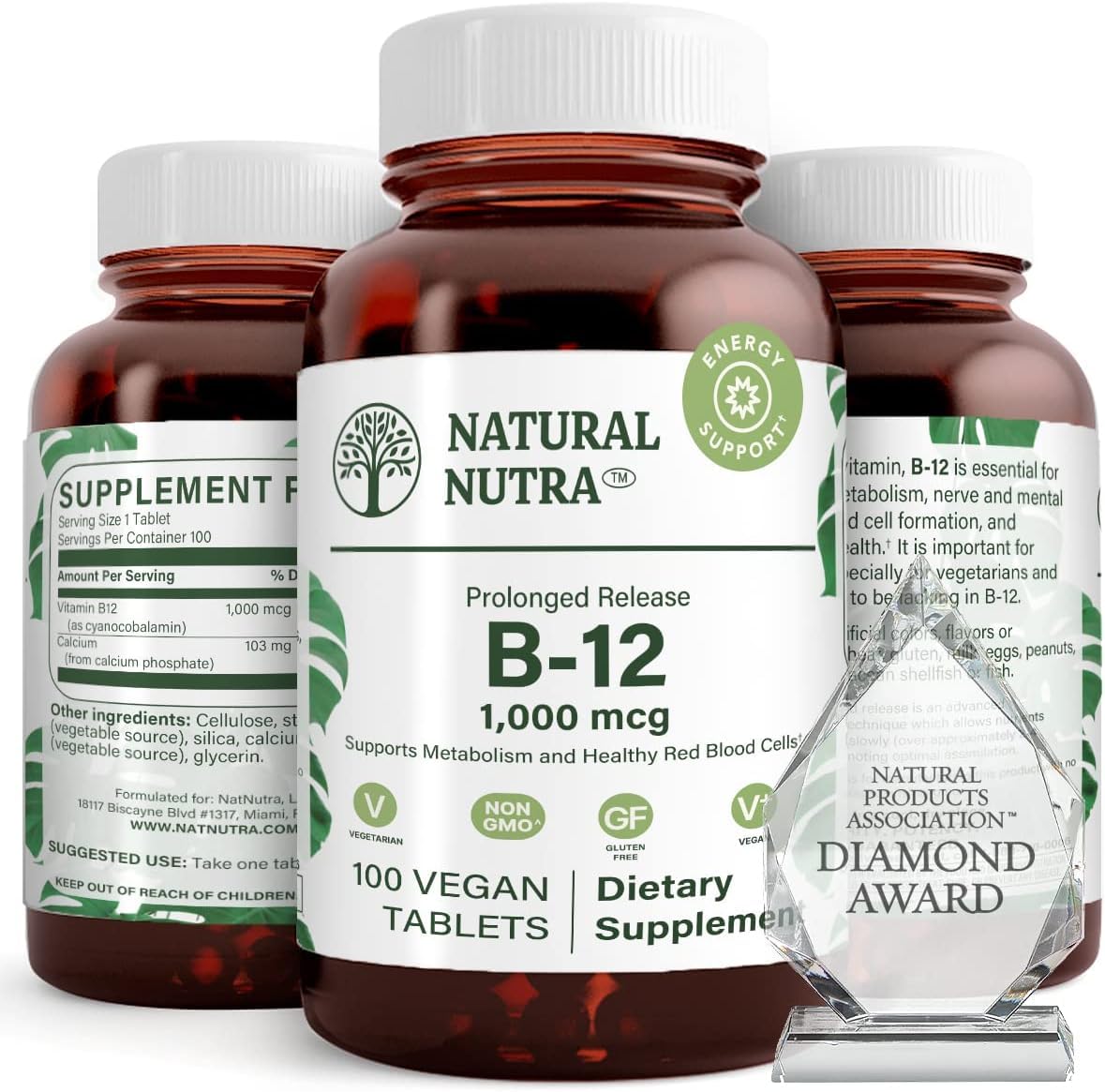 Détail de la bouteille en verre ambré de vitamine B12 Natural Nutra