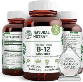 Détail de la bouteille en verre ambré de vitamine B12 Natural Nutra