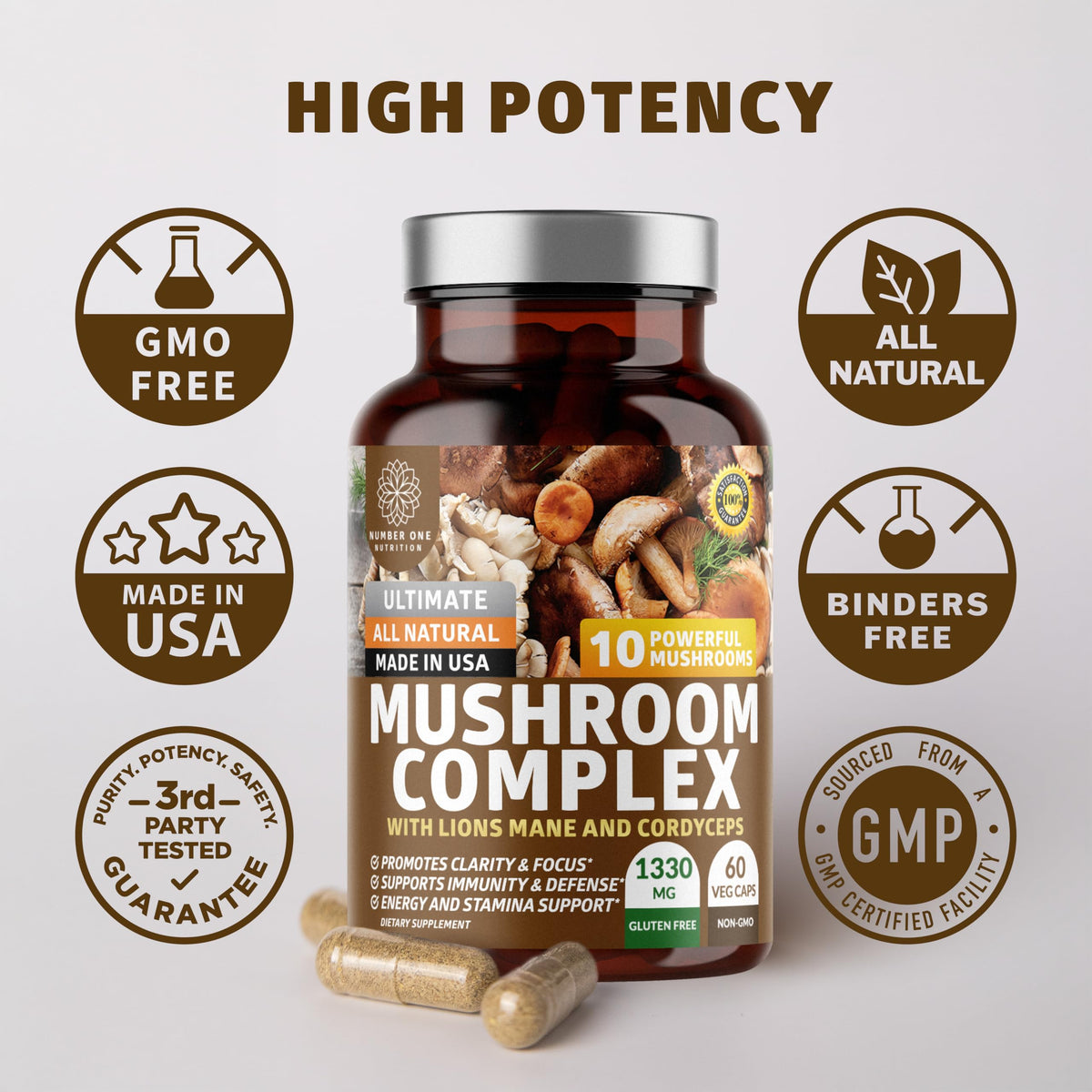 Détail de la capsule du Complexe de Champignons Premium Number One Nutrition