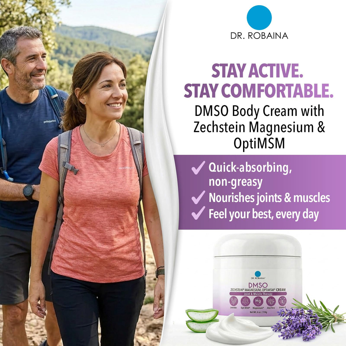 Détail de la Crème DMSO Lavande Dr. Robaina avec ingrédients