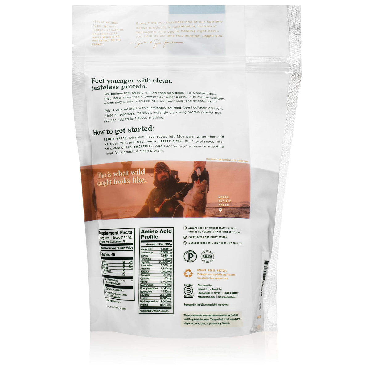 Détail de la cuillère avec poudre de collagène Natural Force