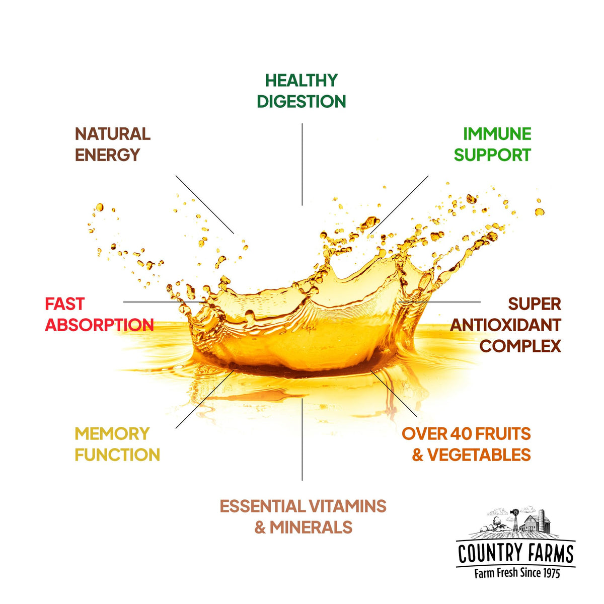Détail de la formule de multivitamine liquide Country Farms avec fruits