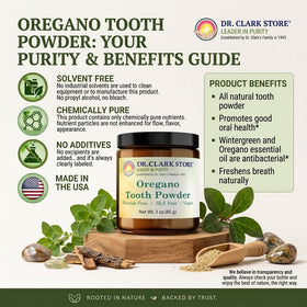 Détail de la poudre à dents Oregano Dr Clark avec cuillère