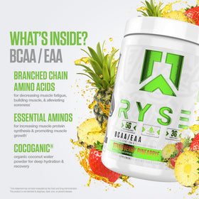 Détail de la poudre BCAA EAA RYSE Up dans un verre d'eau