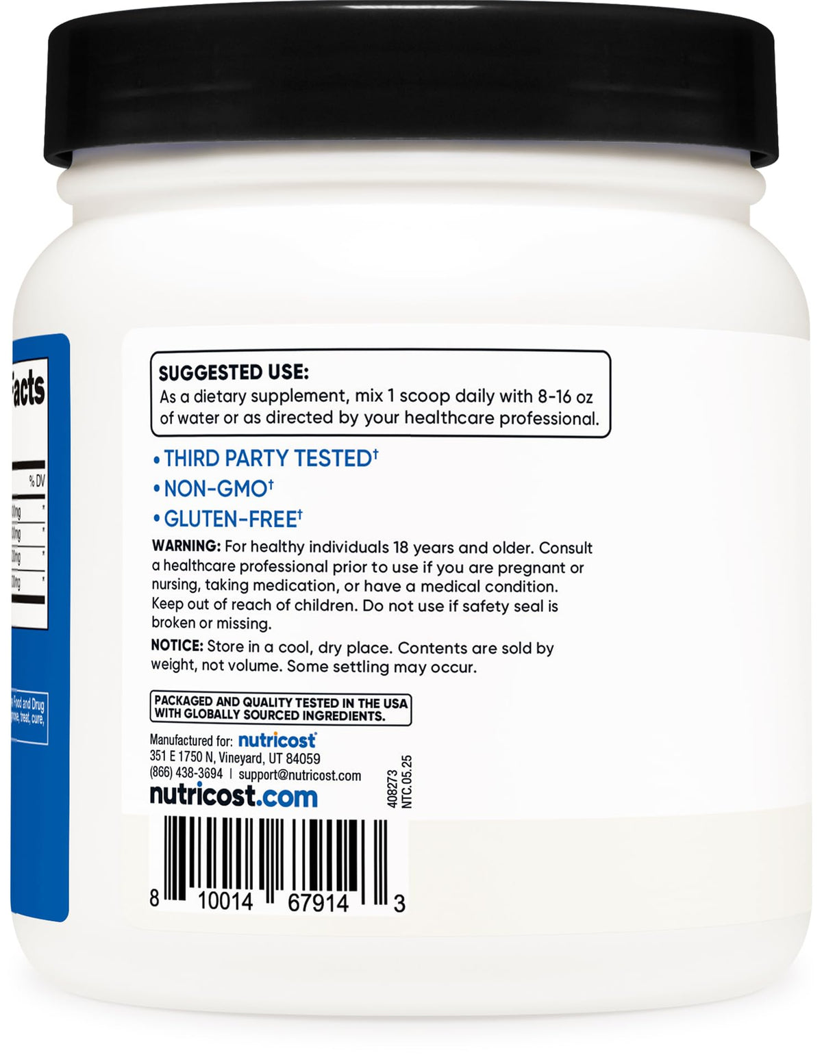 Détail de la poudre BCAA Nutricost 2:1:1 630g dans un shaker