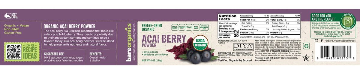 Détail de la poudre d'acai bio BareOrganics dans un pot