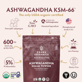 Détail de la poudre d'ashwagandha KSM-66 dans un bol