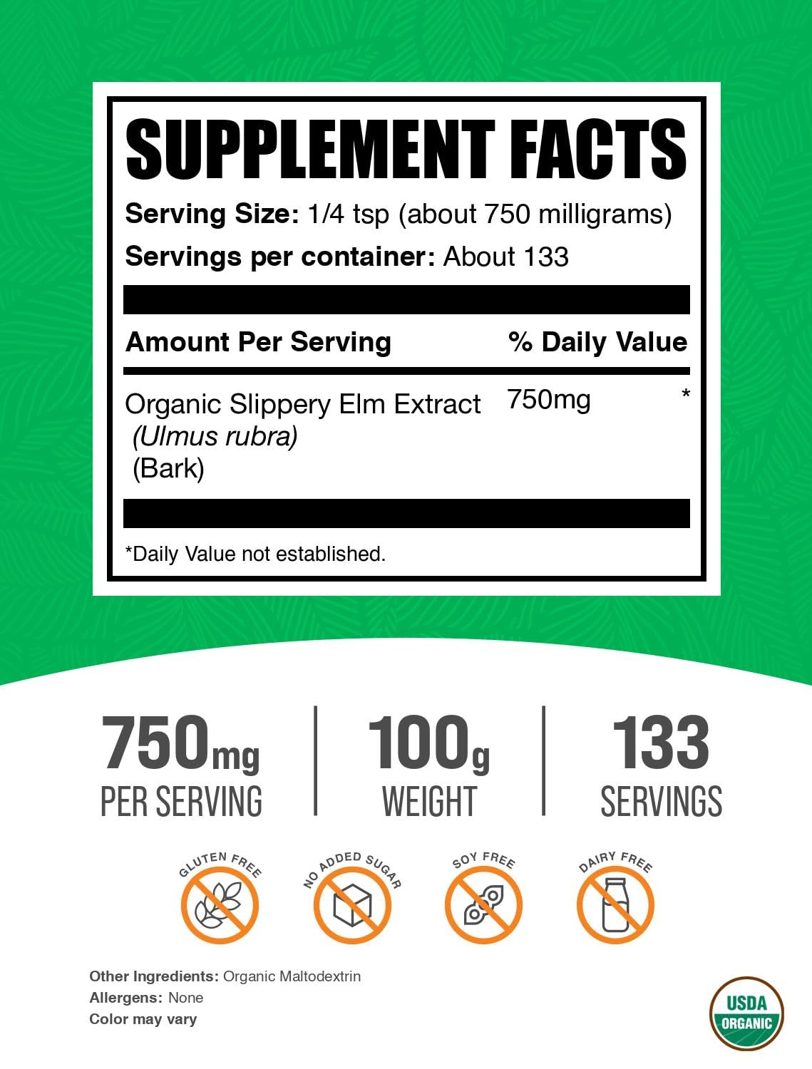 Détail de la poudre d'écorce de slippery elm BulkSupplements