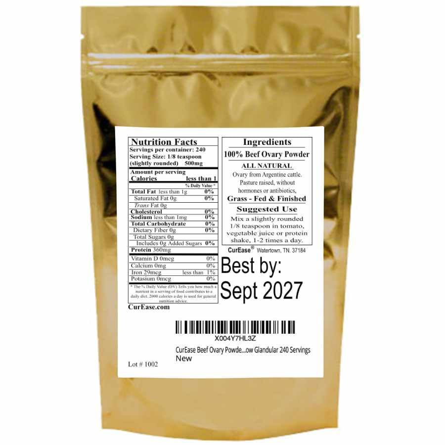 Détail de la poudre d'ovaire de bœuf dans un sachet