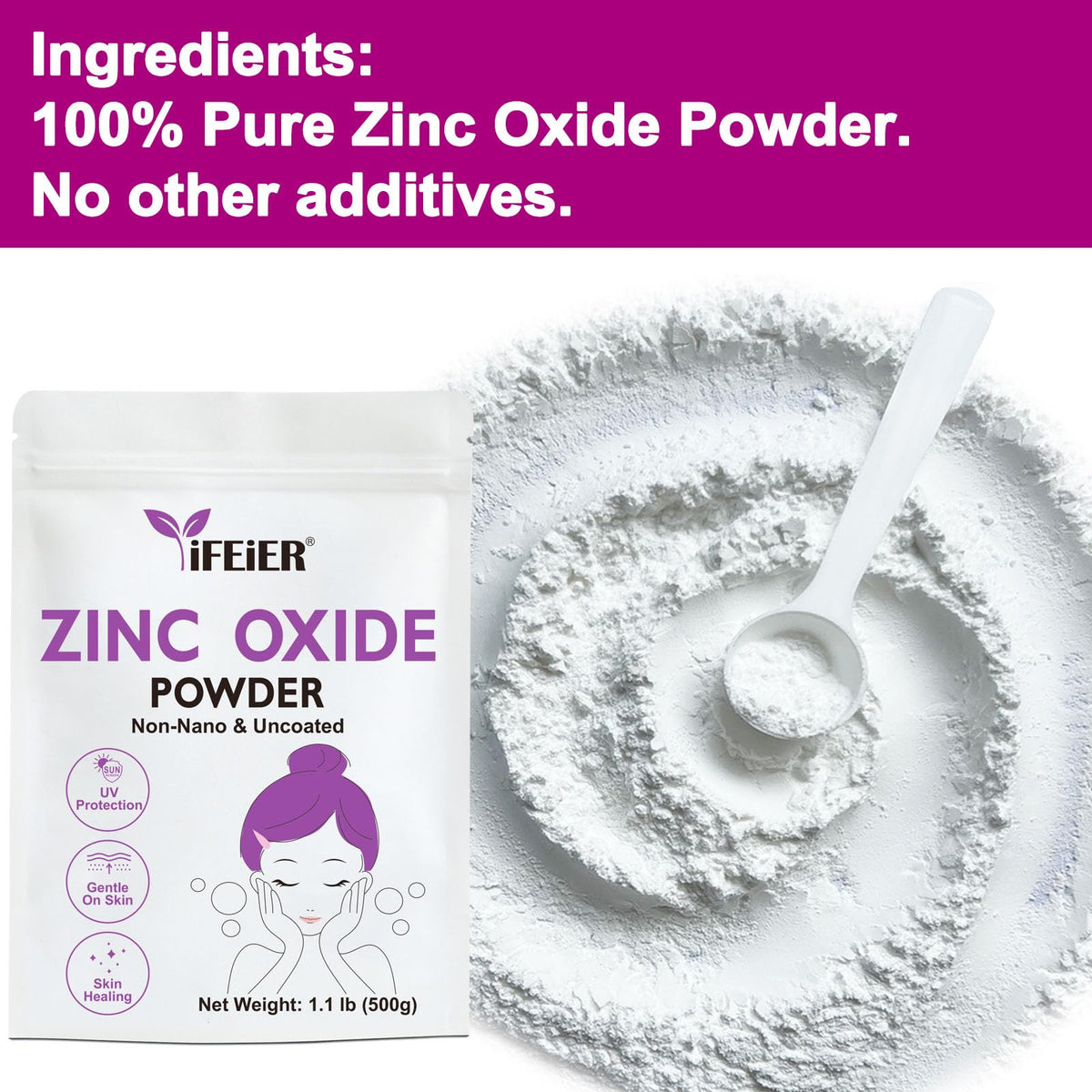 Détail de la poudre d'oxyde de zinc iFEiER 500g dans un bol