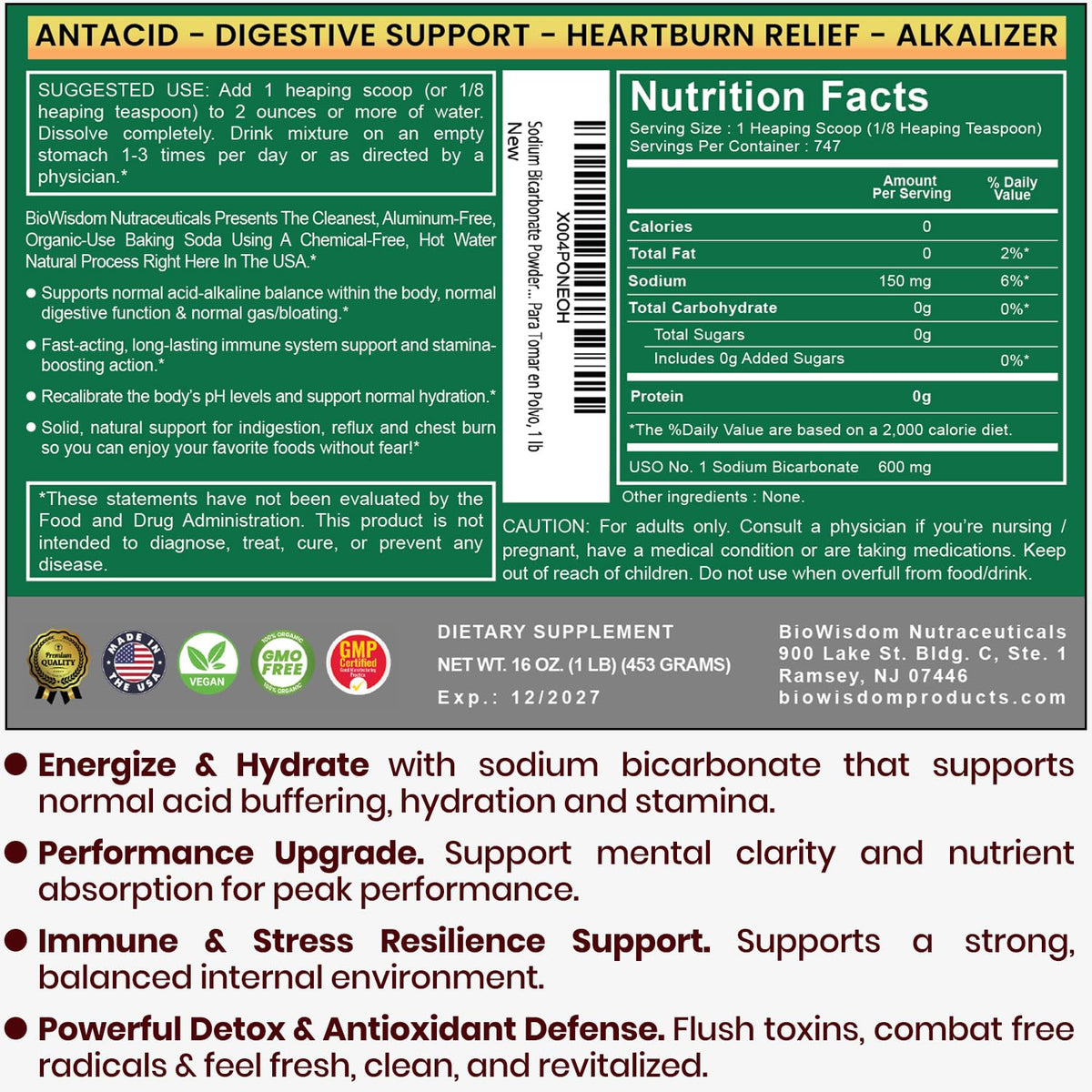 Détail de la poudre de bicarbonate de sodium BioWisdom