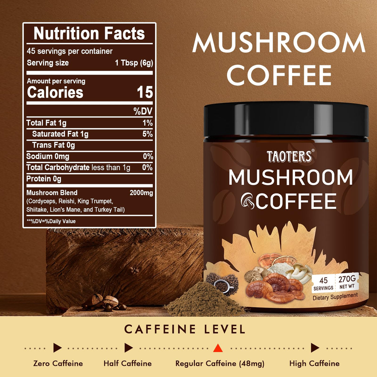Détail de la poudre de café aux champignons TAOTERS