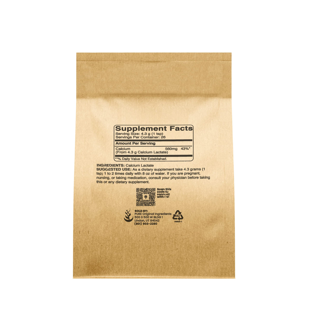 Détail de la poudre de Calcium Lactate de PURE ORIGINAL INGREDIENTS