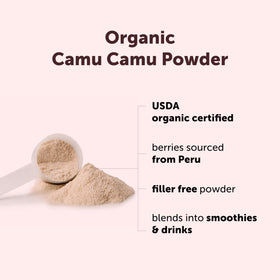 Détail de la poudre de camu camu bio dans un bol