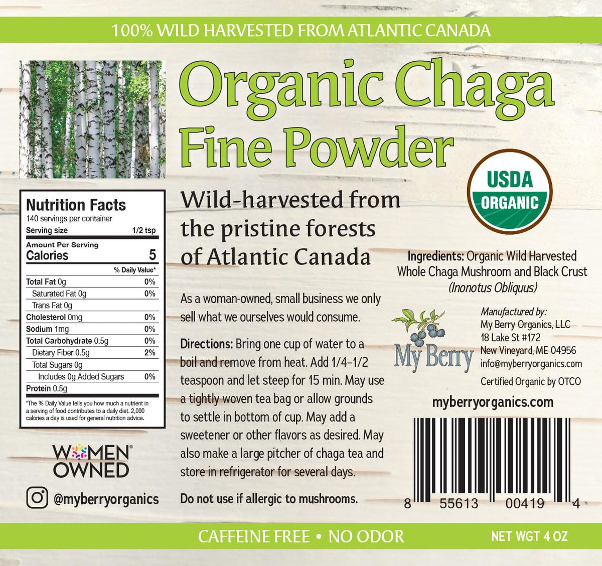 Détail de la poudre de champignon Chaga My Berry