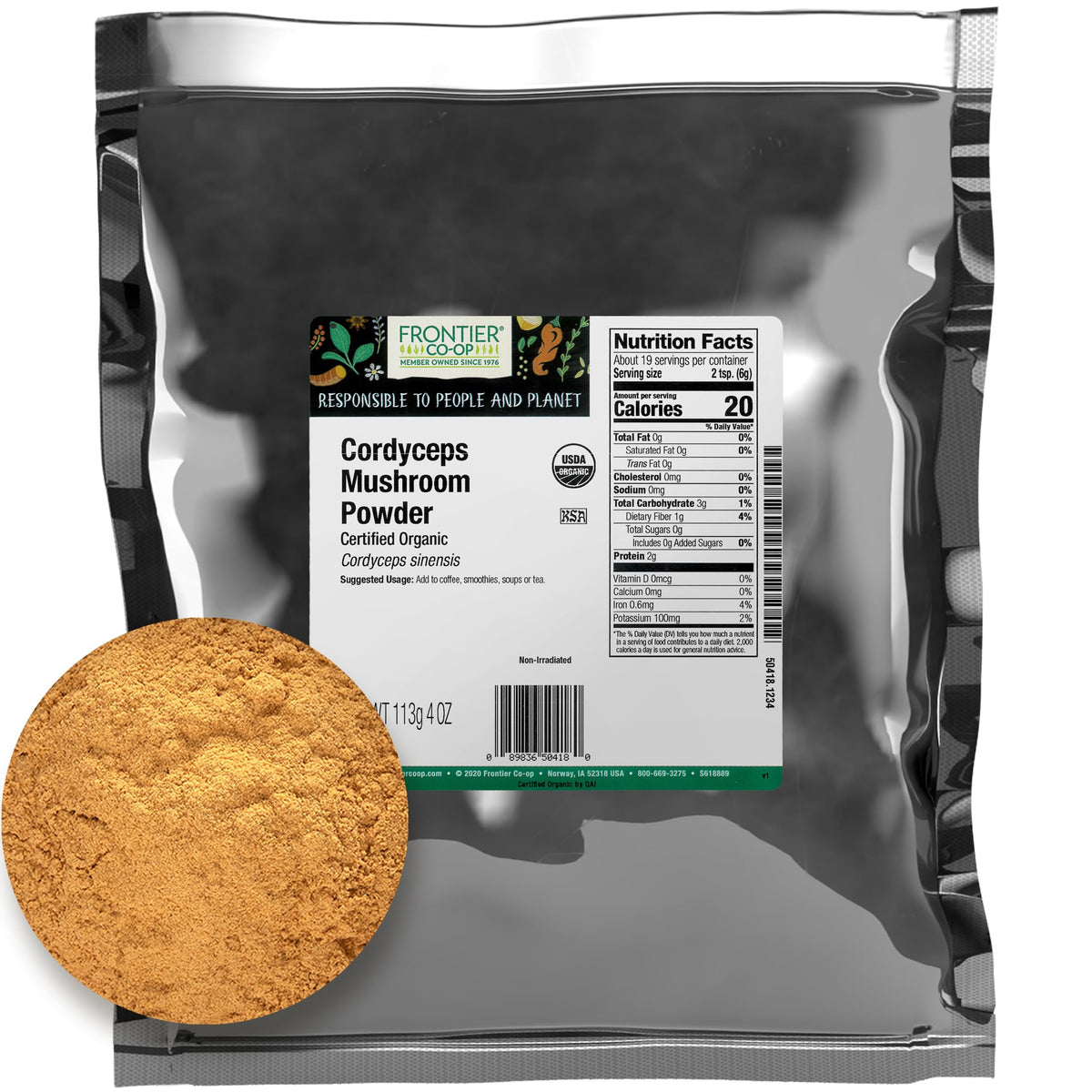 Détail de la Poudre de Champignon Cordyceps Bio Frontier Co-op sur une cuillère