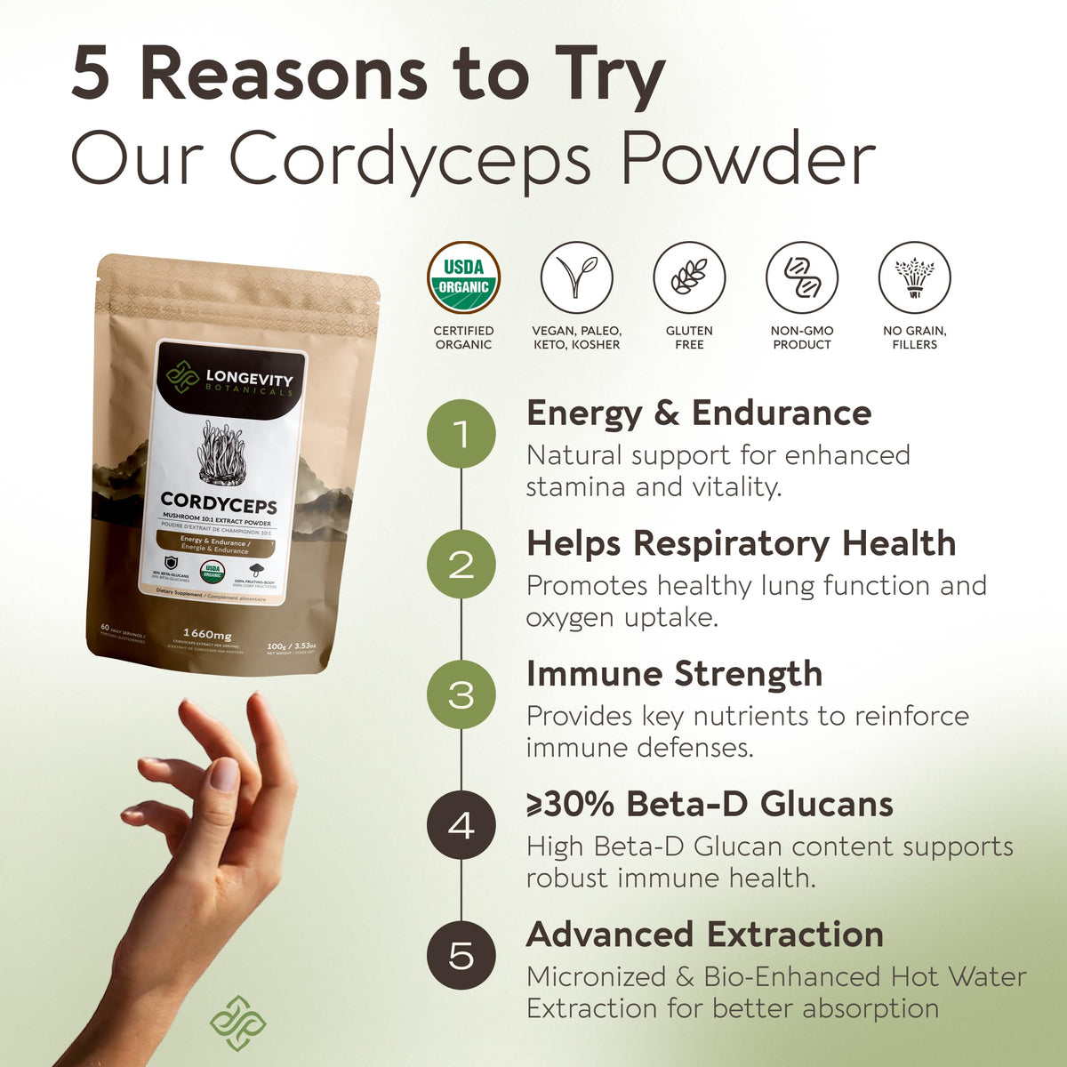 Détail de la poudre de champignon Cordyceps Longevity Botanicals