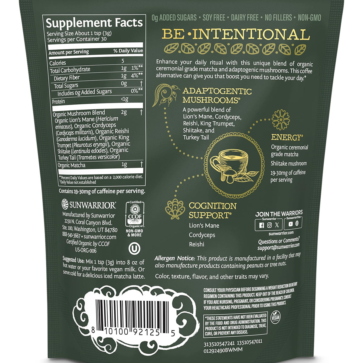 Détail de la poudre de champignon matcha Sunwarrior