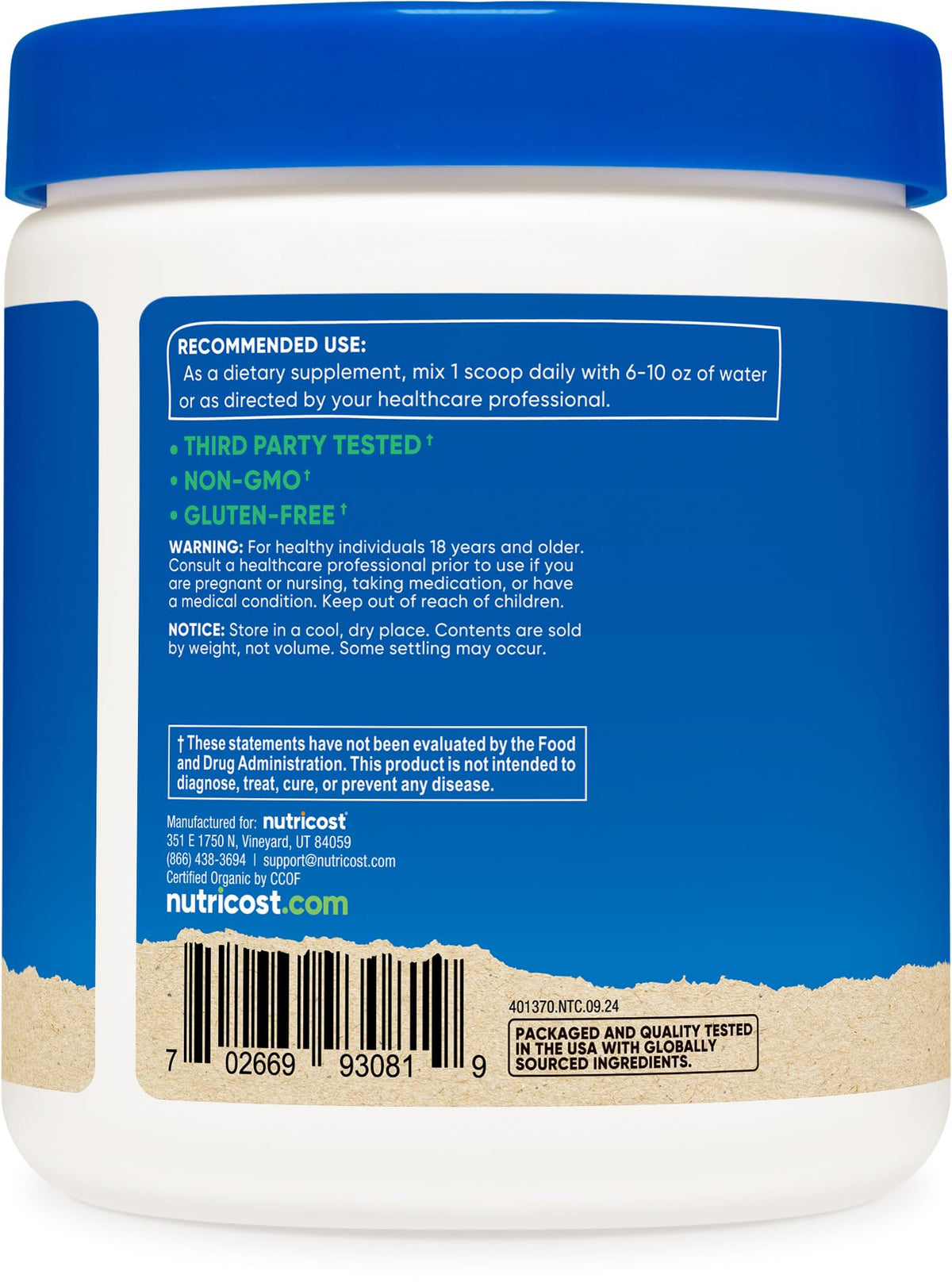 Détail de la poudre de chlorelle bio Nutricost